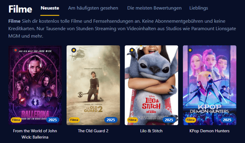 Ein Screenshot der Filmpalast Oberfläche mit verschiedenen Filmtiteln und Serienfolgen